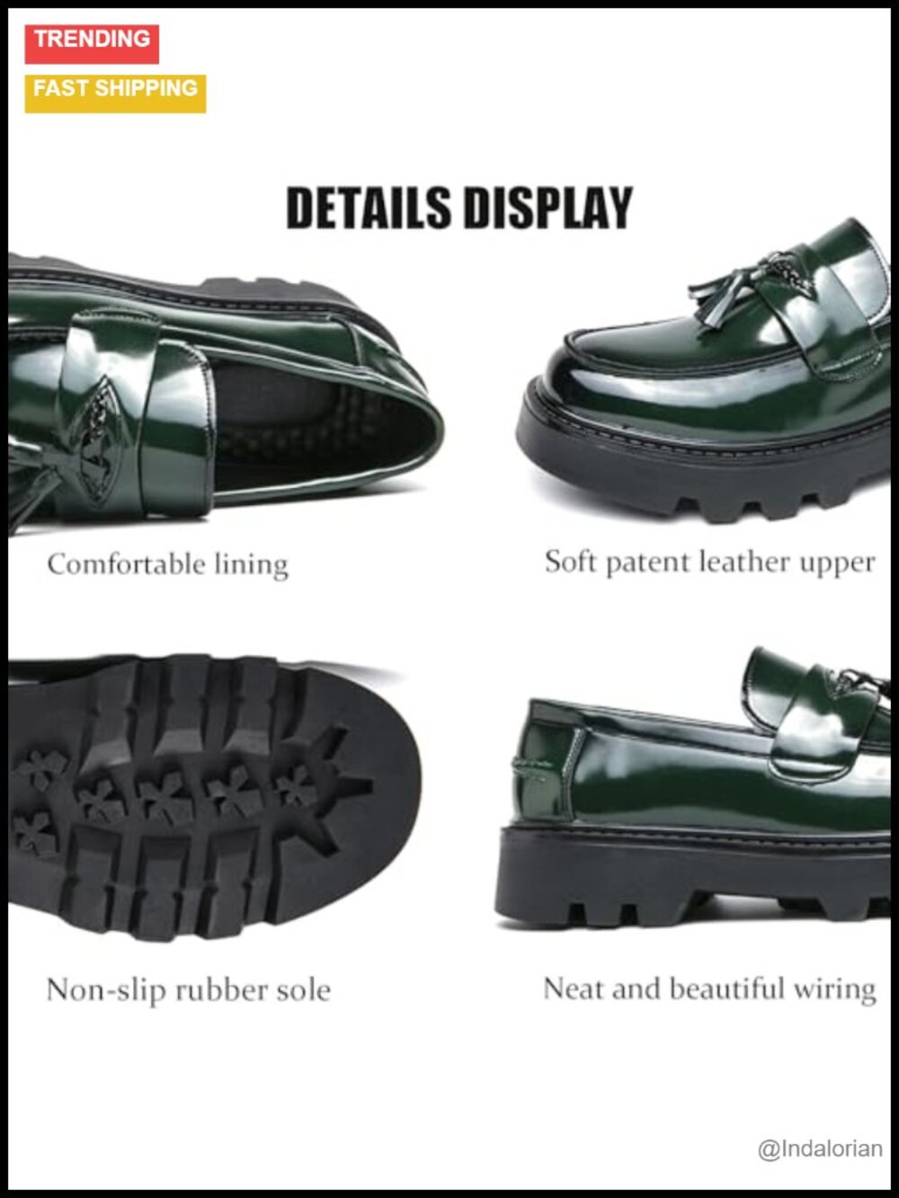 Men's Patent Leather Platform Slip-On Loafers with Tassels, Non-Slip Lug Sole, - Picture 4 of 6